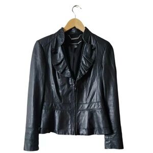 WHBM Ruffled Peplum Black Leather Jacket Blazer Moto Feminine Size M